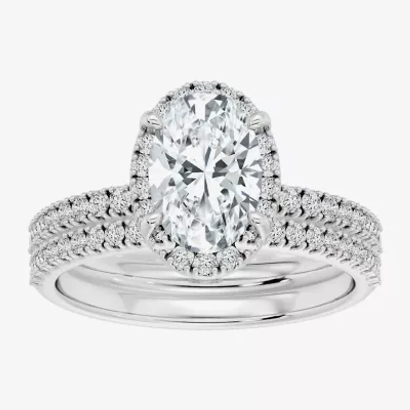 Signature By Modern Bride (F / Vs2) Womens 3 3/4 CT. T.W. Lab Grown White Diamond 10K Gold Oval Side Stone Halo Bridal Set