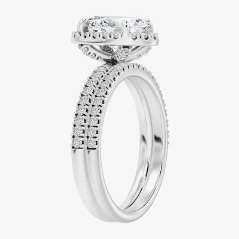 Signature By Modern Bride (F / Vs2) Womens 3 3/4 CT. T.W. Lab Grown White Diamond 10K Gold Oval Side Stone Halo Bridal Set