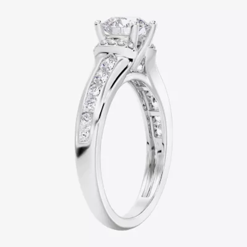 F / Vs2) Womens / CT. T.W. Lab Grown White Diamond 10K Gold Round Side Stone Engagement Ring