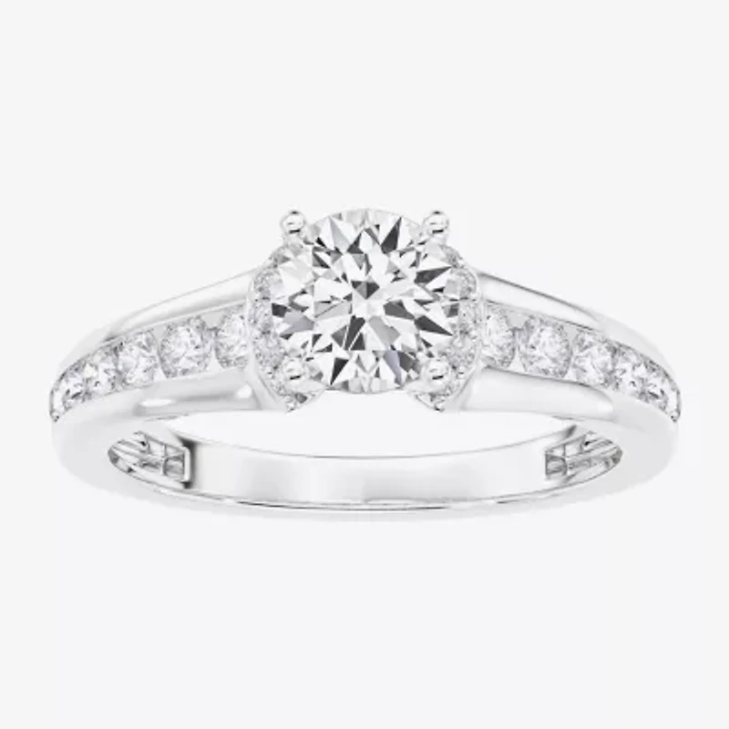 F / Vs2) Womens CT. T.W. Lab Grown White Diamond 10K Gold Round Side Stone Engagement Ring
