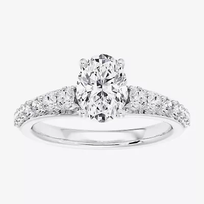 (F / Vs2) Womens 4 CT. T.W. Lab Grown White Diamond 10K Gold Oval Side Stone Engagement Ring