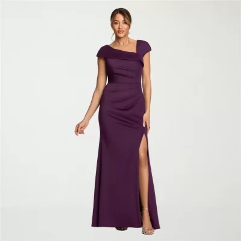 DJ Jaz Womens Asymmetrical Neck Short Sleeve Evening Gown
