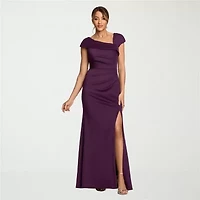 DJ Jaz Womens Asymmetrical Neck Short Sleeve Evening Gown