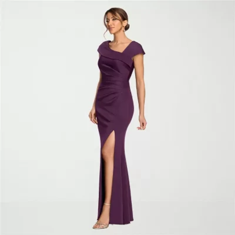 DJ Jaz Womens Asymmetrical Neck Short Sleeve Evening Gown