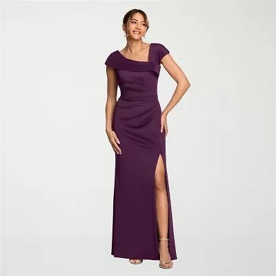 DJ Jaz Womens Asymmetrical Neck Short Sleeve Evening Gown
