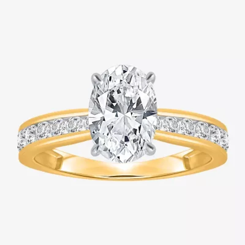 (I / Si2) Womens 2 CT. T.W. Lab Grown White Diamond 14K Gold Over Silver Oval Side Stone Engagement Ring