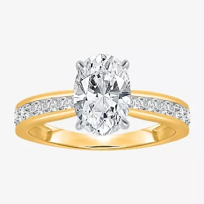 (I / Si2) Womens 2 CT. T.W. Lab Grown White Diamond 14K Gold Over Silver Oval Side Stone Engagement Ring
