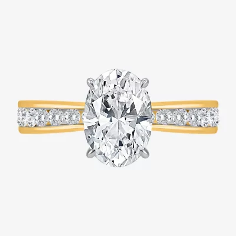 (I / Si2) Womens 2 CT. T.W. Lab Grown White Diamond 14K Gold Over Silver Oval Side Stone Engagement Ring