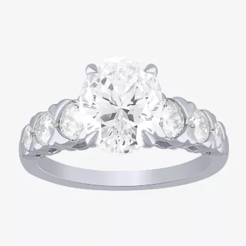 (F / Vs2) Womens 3 CT. T.W. Lab Grown White Diamond 10K Gold Oval Side Stone Engagement Ring