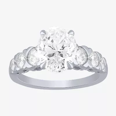 (F / Vs2) Womens 3 CT. T.W. Lab Grown White Diamond 10K Gold Oval Side Stone Engagement Ring
