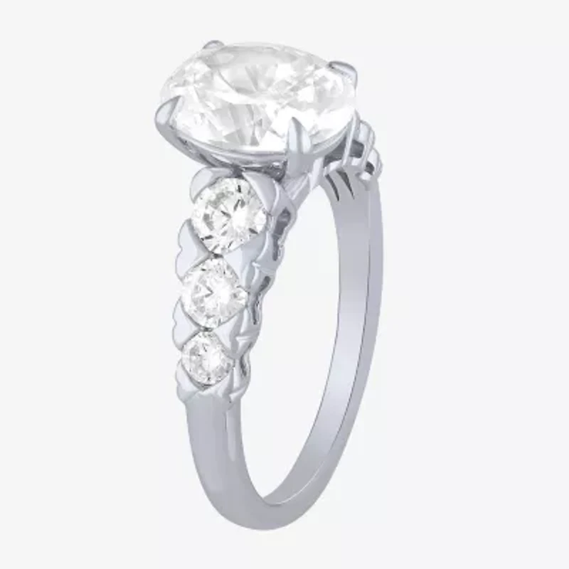 (F / Vs2) Womens 3 CT. T.W. Lab Grown White Diamond 10K Gold Oval Side Stone Engagement Ring