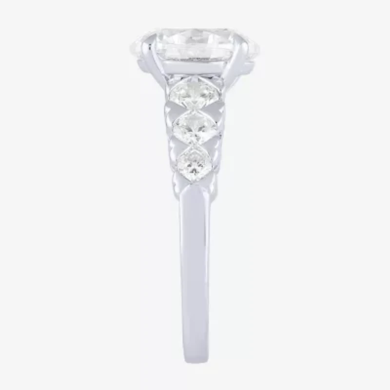 (F / Vs2) Womens 3 CT. T.W. Lab Grown White Diamond 10K Gold Oval Side Stone Engagement Ring