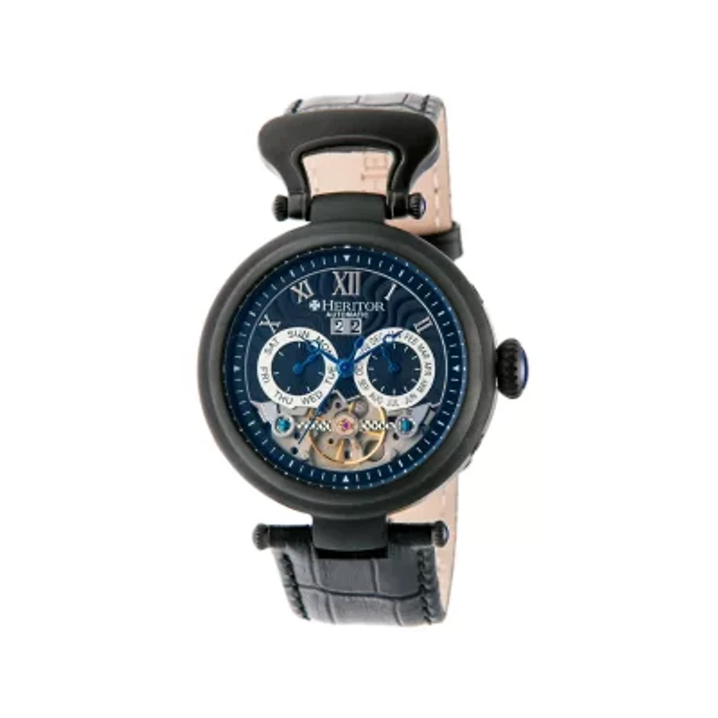 Heritor Automatic Ganzi Mens Leather Day&Date-Black/Navy Watches