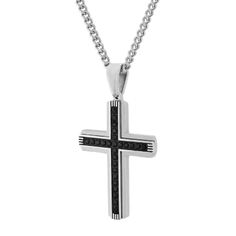 Mens Black Cubic Zirconia Stainless Steel Cross 24 Inch Pendant Necklace