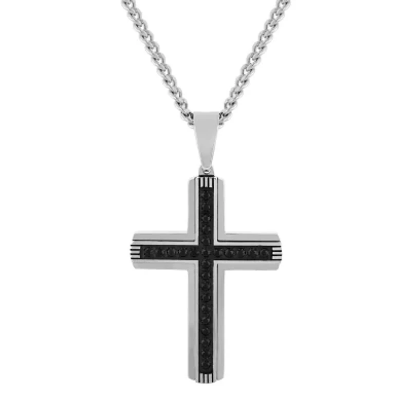 Mens Black Cubic Zirconia Stainless Steel Cross 24 Inch Pendant Necklace