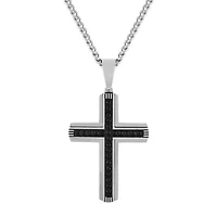 Mens Black Cubic Zirconia Stainless Steel Cross 24 Inch Pendant Necklace