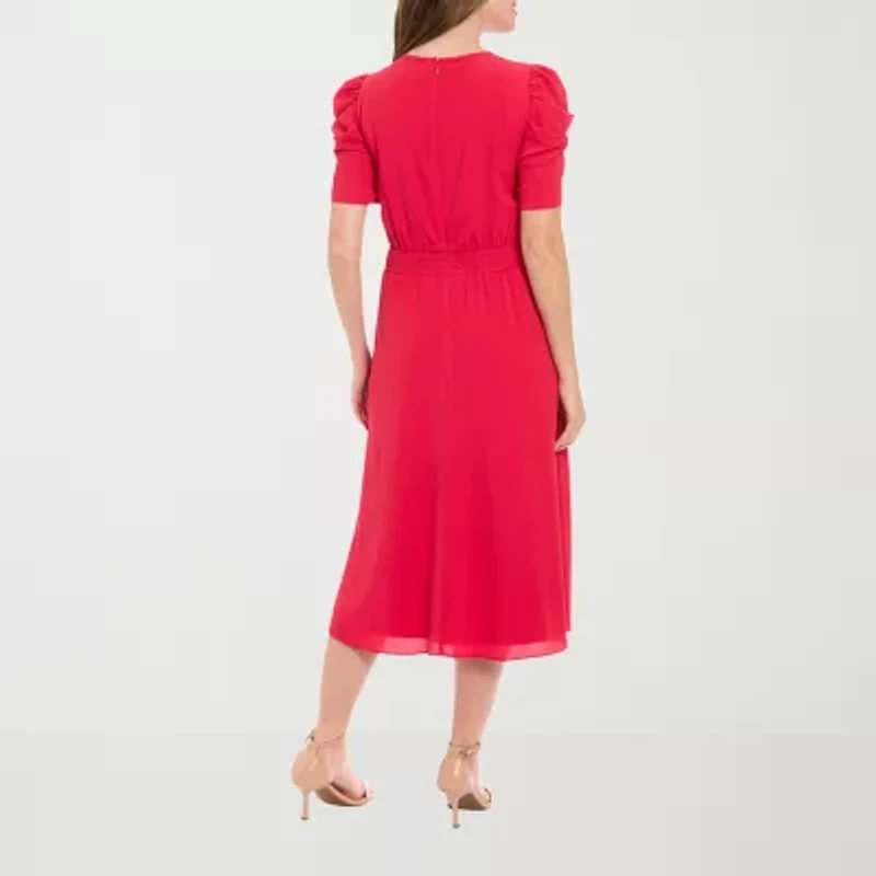 London Times Womens Short Sleeve Midi Fit + Flare Dress