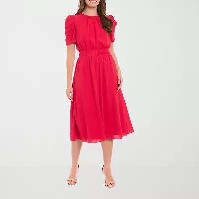 London Times Womens Short Sleeve Midi Fit + Flare Dress