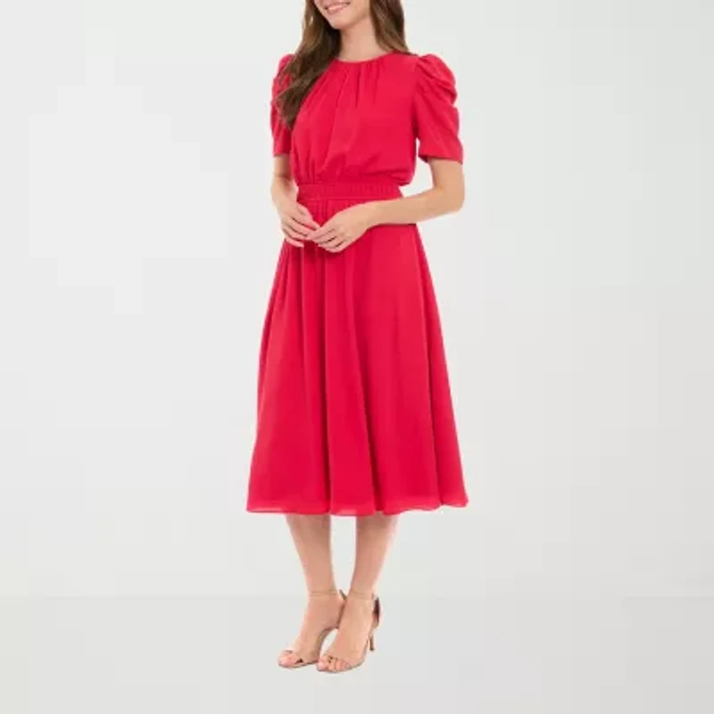 London Times Womens Short Sleeve Midi Fit + Flare Dress