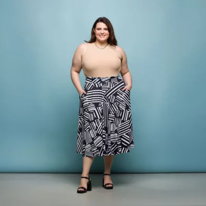 24seven Comfort Apparel Womens Mid Rise Midi Plus A-Line Skirt