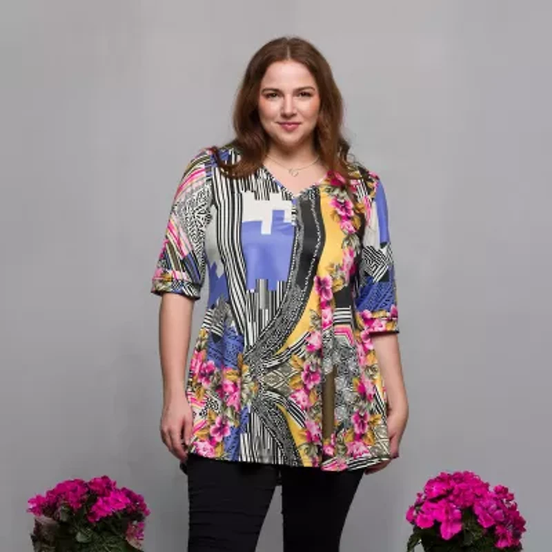 24seven Comfort Apparel Plus Womens V Neck Elbow Sleeve Tunic Top