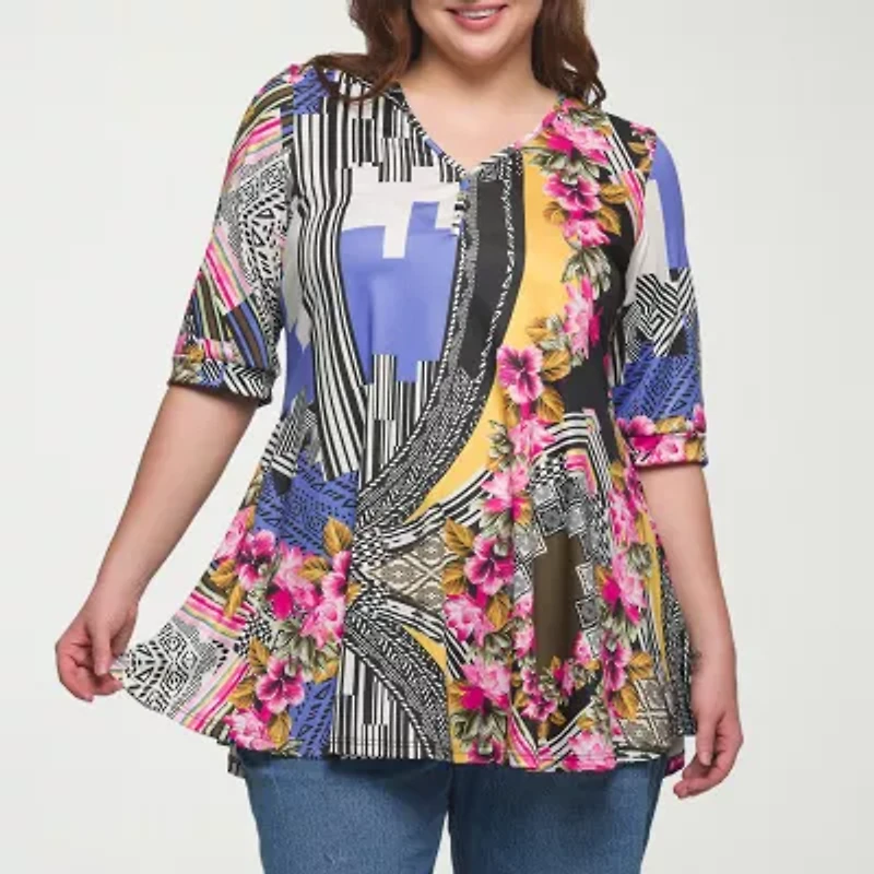 24seven Comfort Apparel Plus Womens V Neck Elbow Sleeve Tunic Top