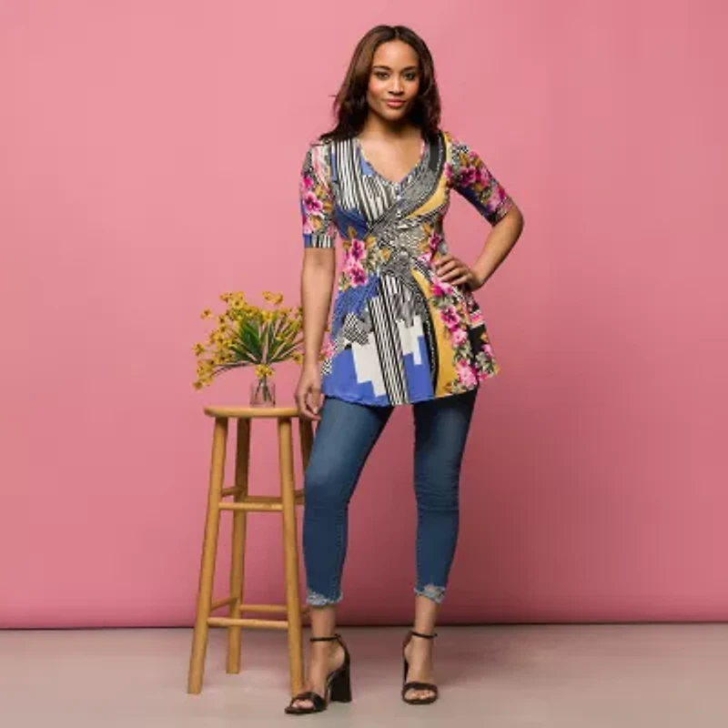 24seven Comfort Apparel Womens V Neck Elbow Sleeve Tunic Top