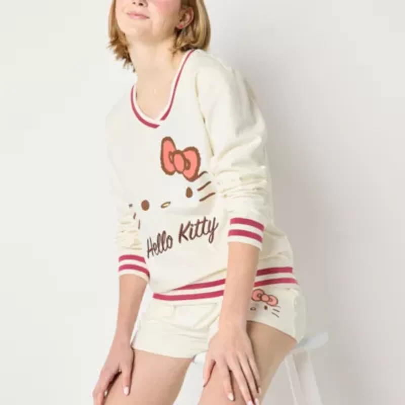 Womens Juniors V Neck Long Sleeve Embroidered Hello Kitty Sweatshirt