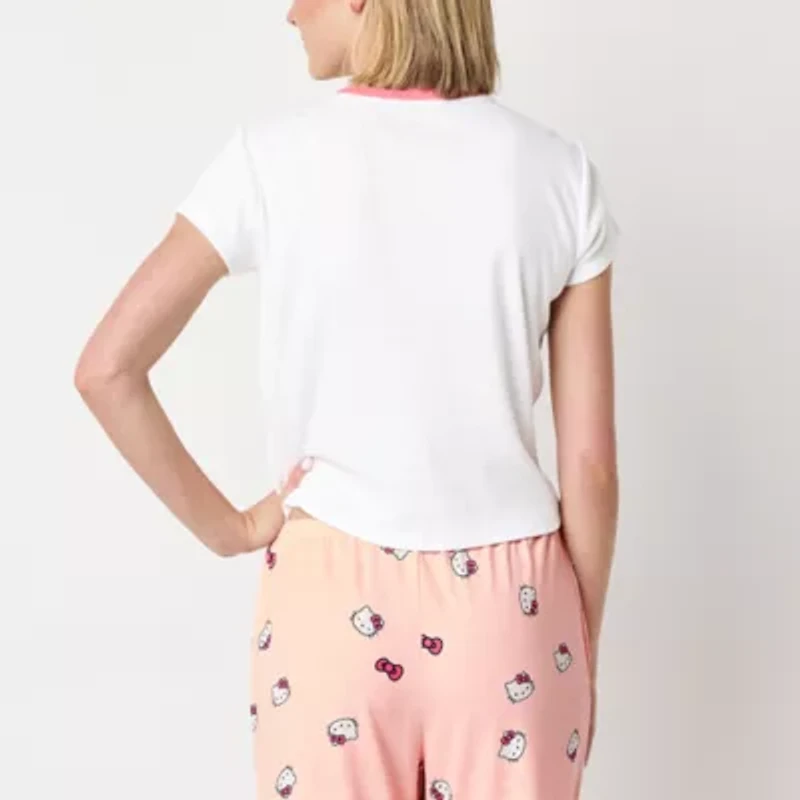 Hello Kitty Pointelle Ringer Tee Womens Crew Neck Short Sleeve Fitted Juniors Graphic T-Shirt