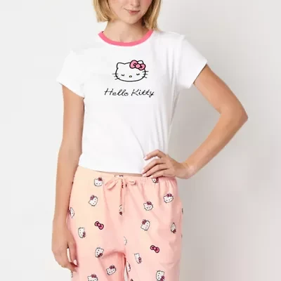 Hello Kitty Pointelle Ringer Tee Womens Crew Neck Short Sleeve Fitted Juniors Graphic T-Shirt