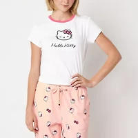 Hello Kitty Pointelle Ringer Tee Womens Crew Neck Short Sleeve Fitted Juniors Graphic T-Shirt
