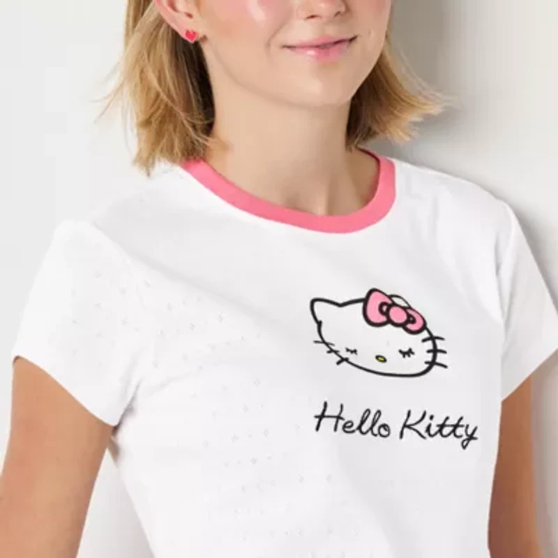 Hello Kitty Pointelle Ringer Tee Womens Crew Neck Short Sleeve Fitted Juniors Graphic T-Shirt