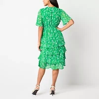 Studio 1 Womens Short Sleeve Floral Midi Fit + Flare Dress