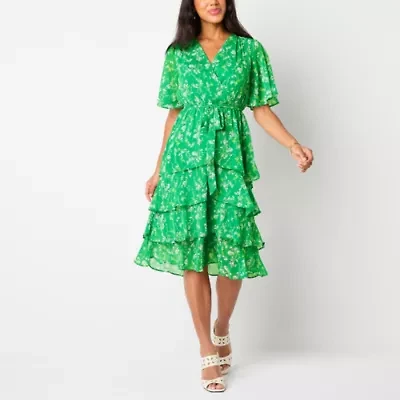 Studio 1 Womens Short Sleeve Floral Midi Fit + Flare Dress