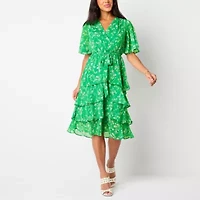 Studio 1 Womens Short Sleeve Floral Midi Fit + Flare Dress