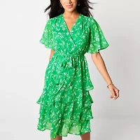 Studio 1 Womens Short Sleeve Floral Midi Fit + Flare Dress