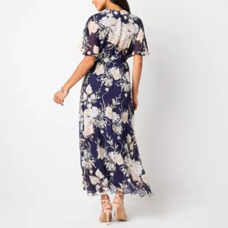 Studio 1 Womens Short Sleeve Floral Midi Fit + Flare Dress