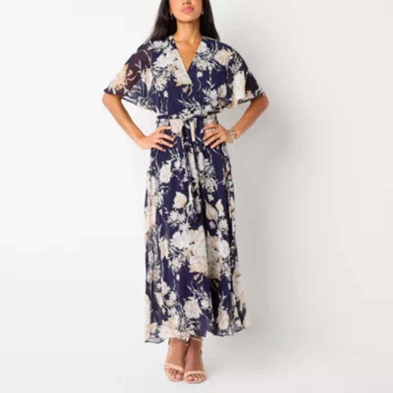 Studio 1 Womens Short Sleeve Floral Midi Fit + Flare Dress
