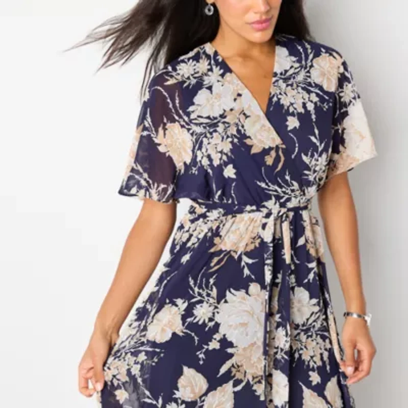 Studio 1 Womens Short Sleeve Floral Midi Fit + Flare Dress