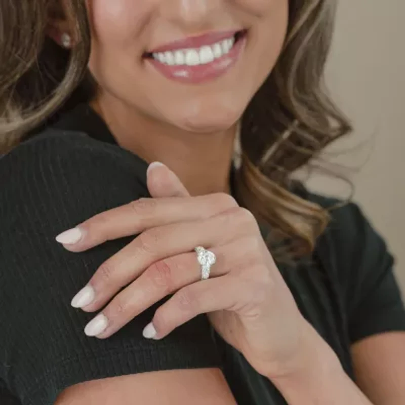 (F / Vs2) Womens 3 CT. T.W. Lab Grown White Diamond 10K Gold Oval Side Stone Engagement Ring