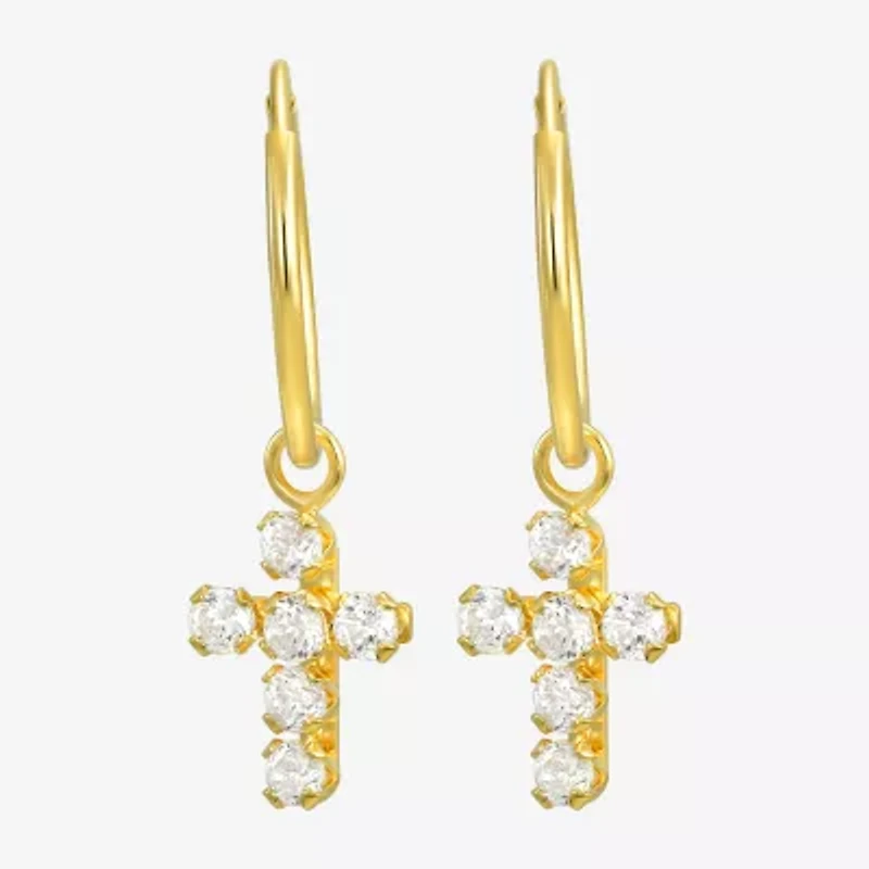 Cross Womens White Cubic Zirconia 14K Gold Cross Hoop Earrings