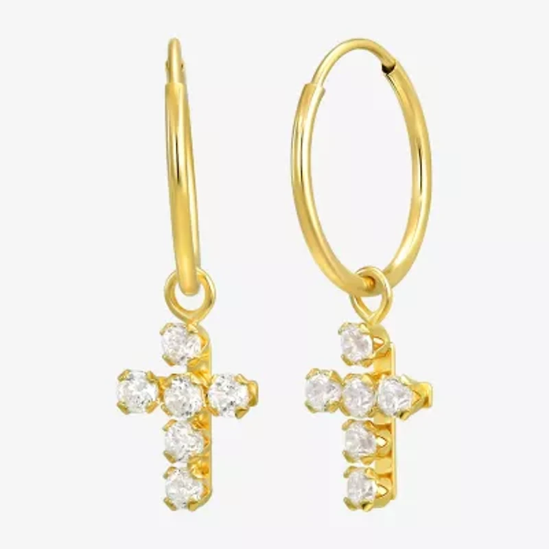 Cross Womens White Cubic Zirconia 14K Gold Cross Hoop Earrings