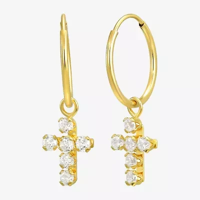 Cross Womens White Cubic Zirconia 14K Gold Cross Hoop Earrings