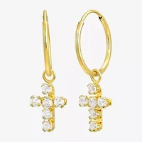 Cross Womens White Cubic Zirconia 14K Gold Cross Hoop Earrings