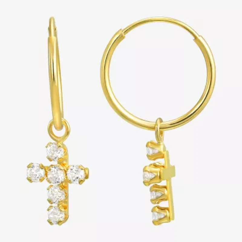 Cross Womens White Cubic Zirconia 14K Gold Cross Hoop Earrings