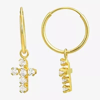 Cross Womens White Cubic Zirconia 14K Gold Cross Hoop Earrings