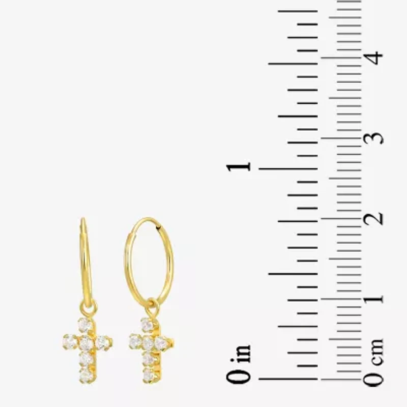 Cross Womens White Cubic Zirconia 14K Gold Cross Hoop Earrings