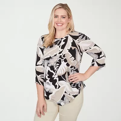 Alfred Dunner Detail Driven Womens Crew Neck 3/4 Sleeve T-Shirt