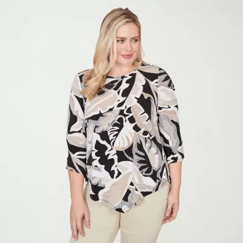 Alfred Dunner Detail Driven Womens Crew Neck 3/4 Sleeve T-Shirt