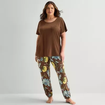 Liz Claiborne Womens Round Neck Short Sleeve 2-pc. Plus Pajama Set